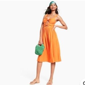 Noel Target Midi‎ Dress Knot Cutout Linen Blend Women 1X Orange